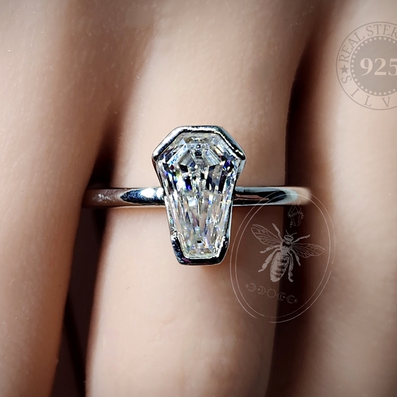 Cert. 2ct Coffin Cut Moissanite Diamond Solitaire S925 Ring Ready to Ship U.S.A. - Picture 1 of 10